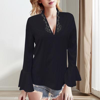 Damen Oberteile V-Ausschnitt Langarm Rüschenmanschetten Freizeitshirt Einfarbig Lockere Passform Arbeit Party Urlaub Bluse