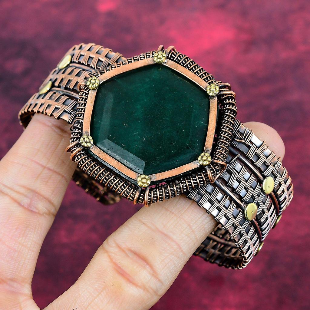 Pulseira de Esmeralda Zambiana Multifacetada Joia Enrolada com Fio de Cobre Pulseira Ajustável