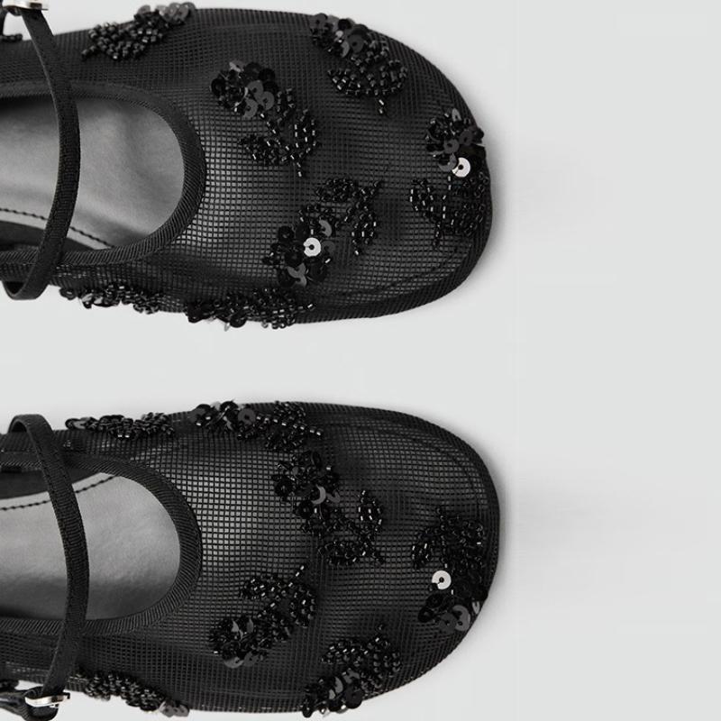 Fashion Comfort Mesh String Bead Brand Ballet Flats Women Luxury Sequins Buckle Mary Jane Shoes Fashion Round Toe Shallow Designer Shoes