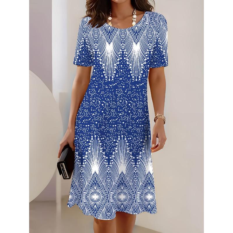 

Женское повседневное платье темно-синего и белого цвета в горошек с короткими рукавами и круглым вырезом для весны, лета и осени XL