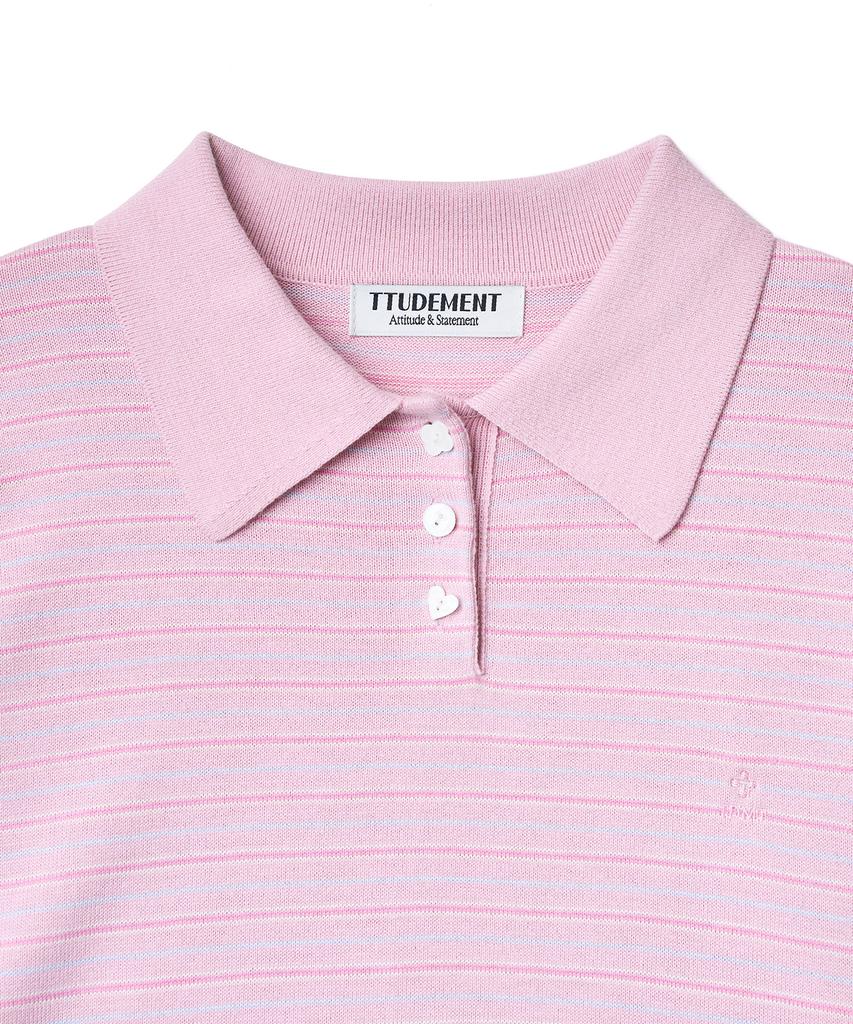 Tudument Stripe Long Sleeve Polo Knit_Pink