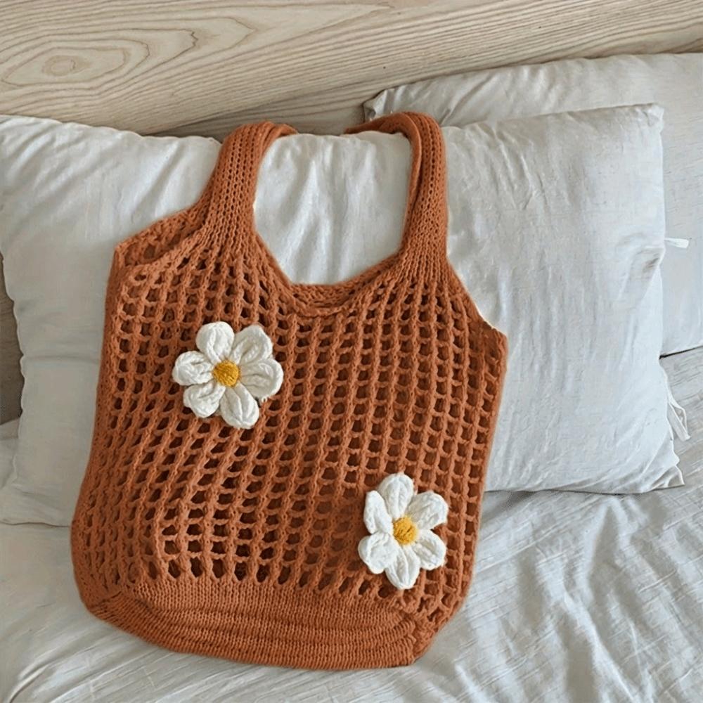 

Large Capacity Knitted Tote Bag Flower Hollow Shoulder Bag Simple Crochet Handbag Shopping