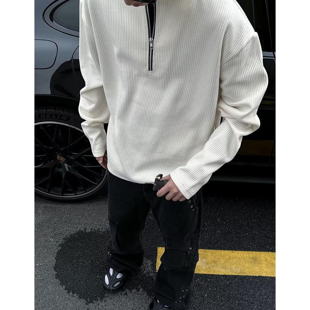 Felpa Uomo Manica Lunga Tinta Unita Texture Waffle Mezza Zip Stile Ins Primavera Autunno Pigra Casual Stile Coppia