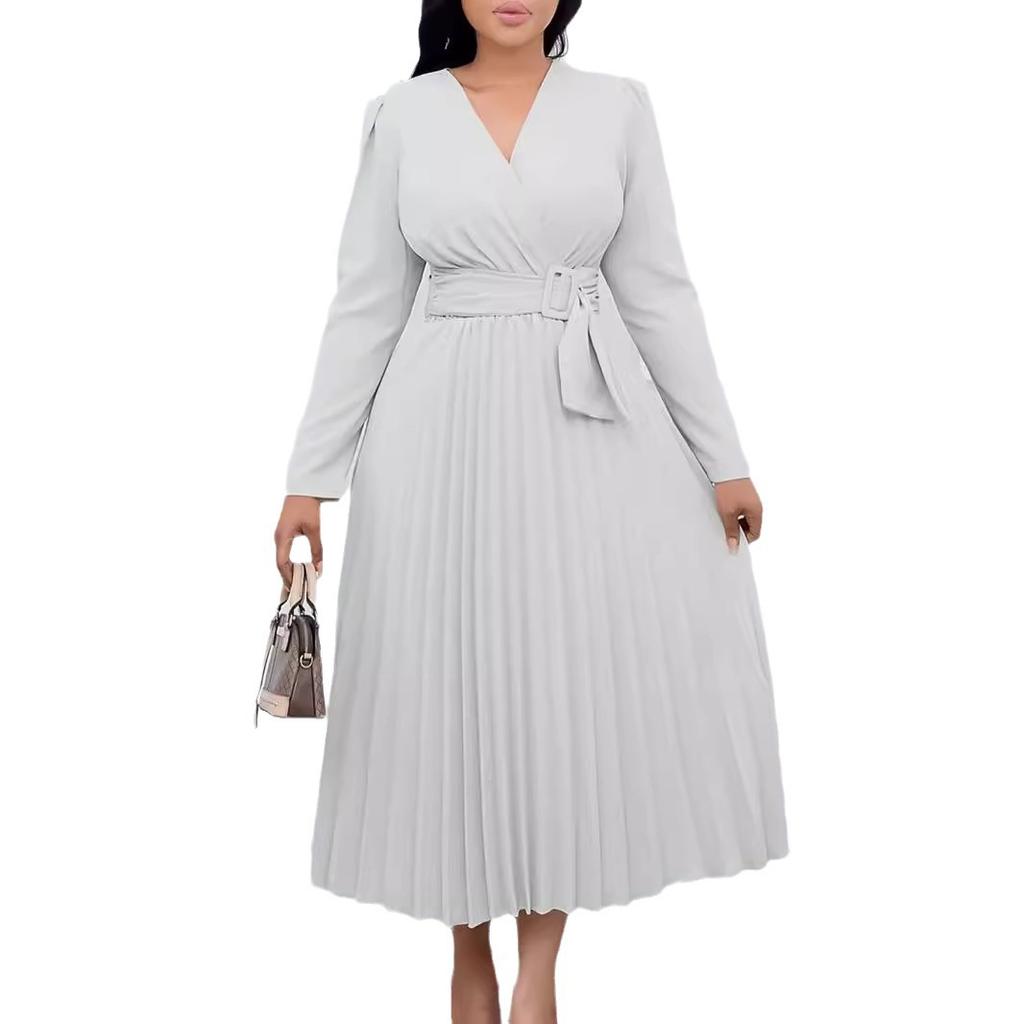 Kurzärmliges neues langärmliges Kleid mit Schnürung in Volltonfarbe und V-Ausschnitt, schmal zulaufendes Plissee in Übergröße für Damen