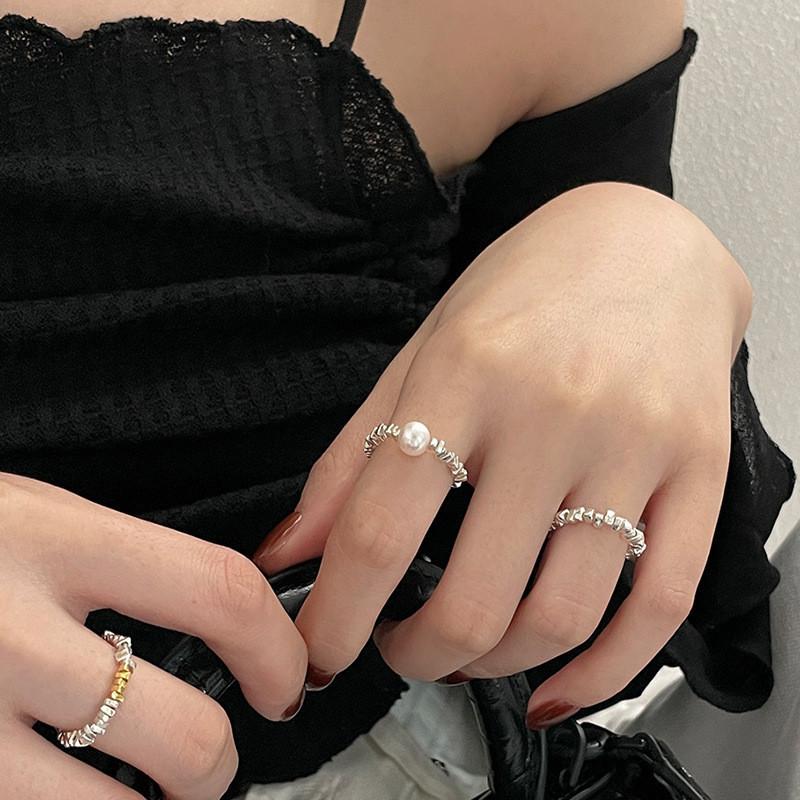 Elegant Korean Style Adjustable Pearl Ring For Women Fashionable Geometric Design