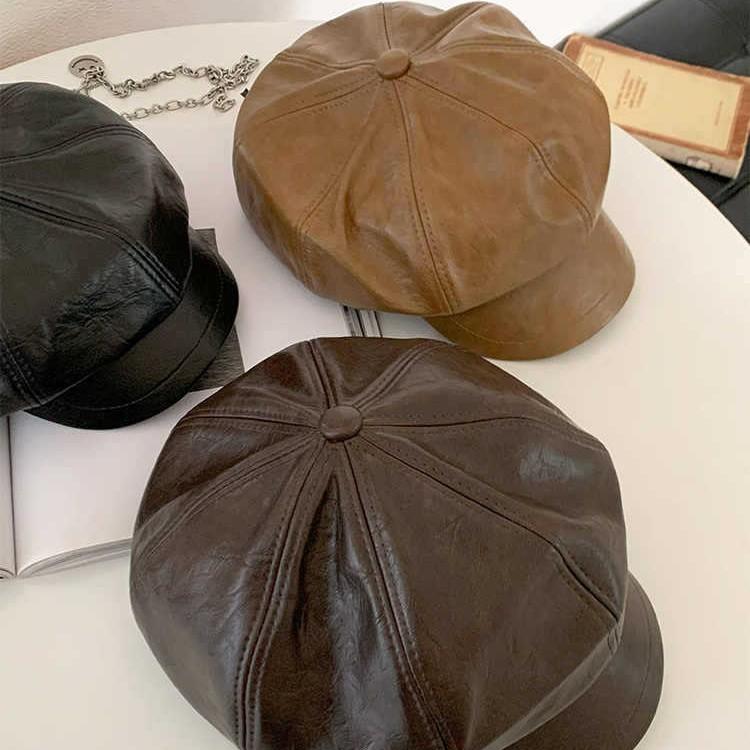 Spring and Autumn New Hat Women's Retro PU Leather Hat Fashionable Casual Face Small Octagonal Hat British Style Literary Newspaper Boy Hat