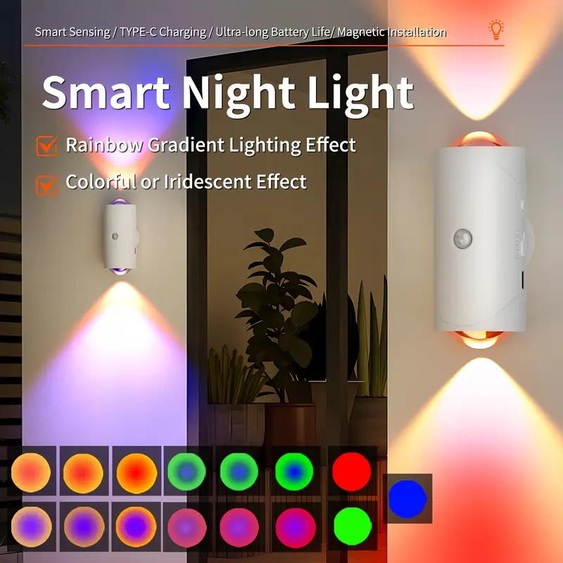 RGB Gradient LED Night Light with Motion Sensor Wall Lamp Rechargeable Ambient Dimmable Indoor Lights Magnetic Step Lighting