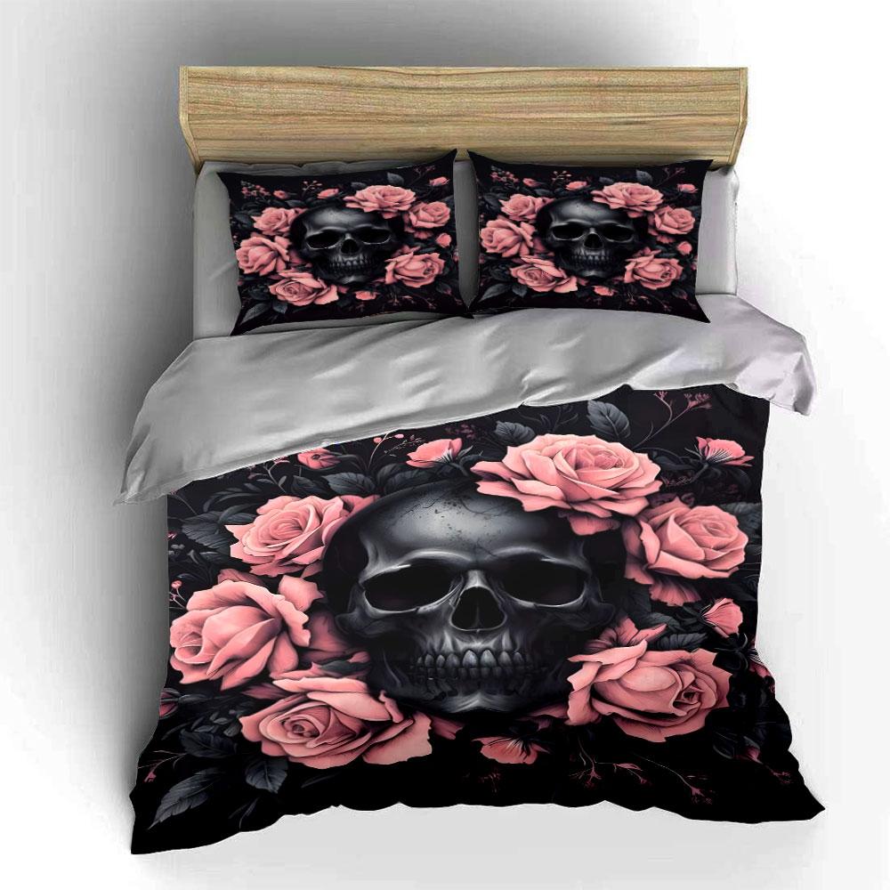 Skull and Pink Roses Design Bedding Duvet Cover Set (1*Duvet Cover 2*Pillowcases, Without Duvet Insert)