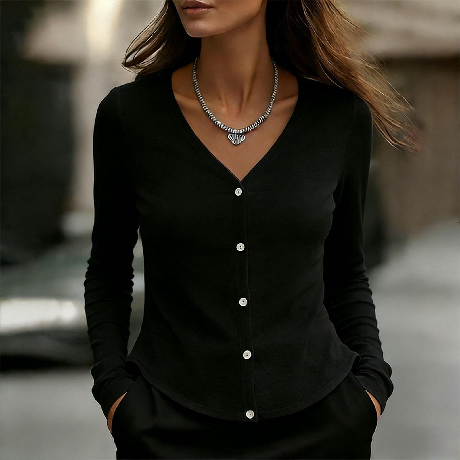 Women s Fashionable Color V-neck Cardigan Long Sleeved Button Down Shirt Casual Top XXL чёрный