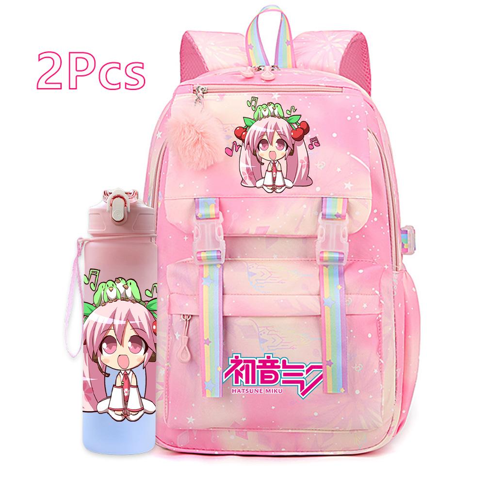 2 st/set Söt Hatsune Miku-tryckt Ryggsäck med 750 ml Vattenflaska för Tonårsflicka Pojke Skolväska Stor Kapacitet Vattentät Resväska Gåva