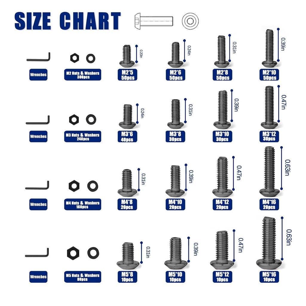 1230Pcs M2 M3 M4 M5 Silver Hex Socket Button Head Screws Nuts Washers Assortment Sets,10.9 Class Alloy Steel Screws Bolts Kit with 4 Allen Wrenches