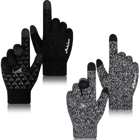 Achiou Winter Gloves for Men Women, 2 Pairs Touch Screen Texting Warm Running Gloves Thermal Soft Knit Lining, Elastic Cuff Medium