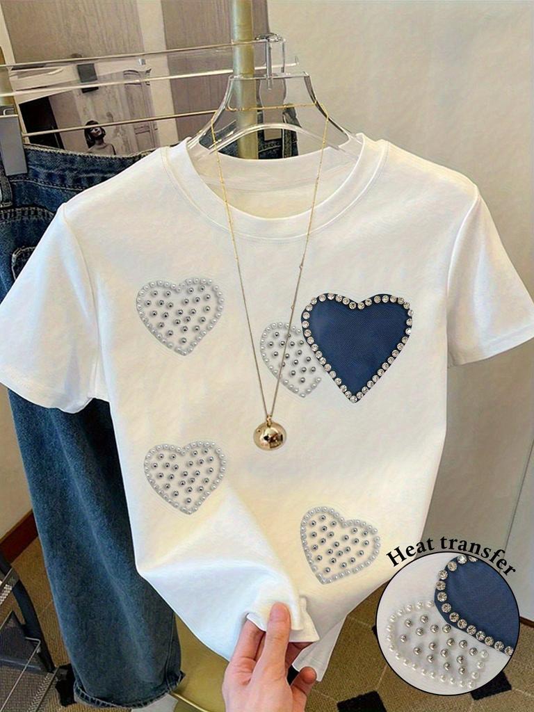 Pearl & Rhinestone Heart Women's Tee - Faux Pearl Heart Graphic, Casual Pink Top