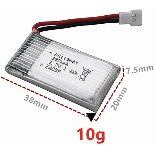 3.7V 380mAh Wiederaufladbarer LiPo Akku | Kompatibel mit Hubsan X4, Syma X11, HS170 | Ideal für RC Quadcopter | 38x20x7.5mm – 10g | Silber