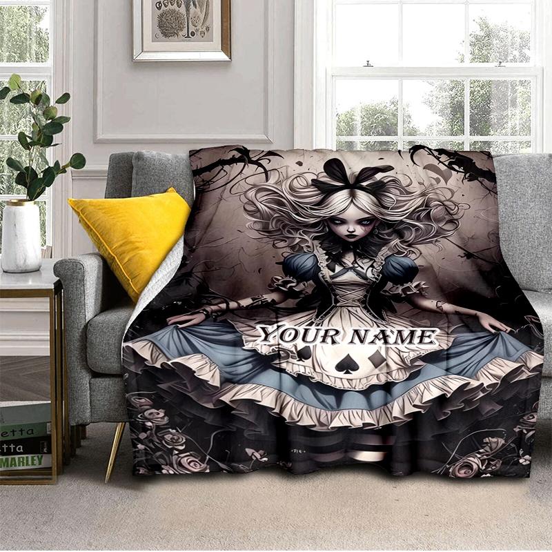 1PC Custom Name Alice Wonderland Flannel Blanket Versatile, All-season Throw Suitable for the Living Room, Bedroom, Camping, Travel, and Gift