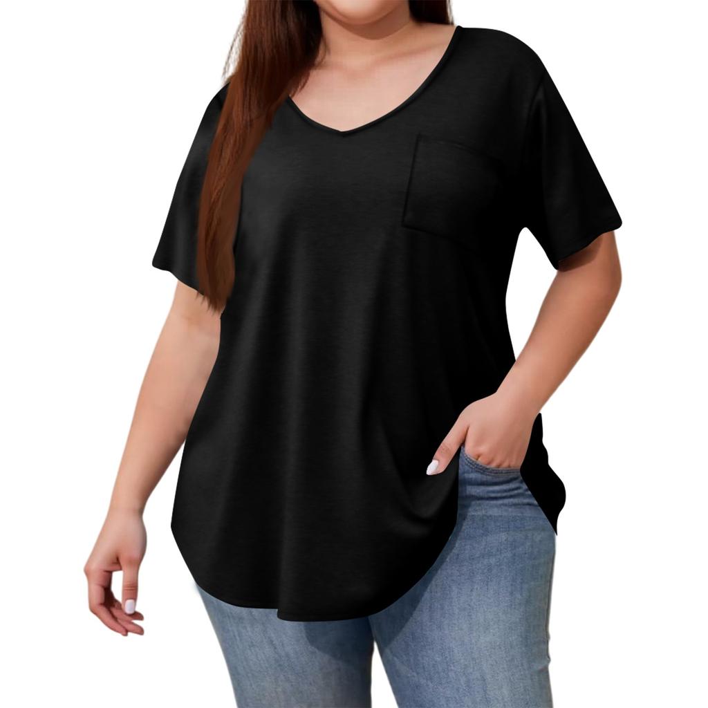 Women's Color Large Size V-neck Top Loose Pocket T-shirt