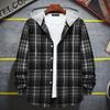 Men Spring Shirt Drawstring Contrast Color Plaid Print Hooded Cardigan Keep Warm Single-breasted Buttons Men Spring Autumn Shirt for Daily Wear