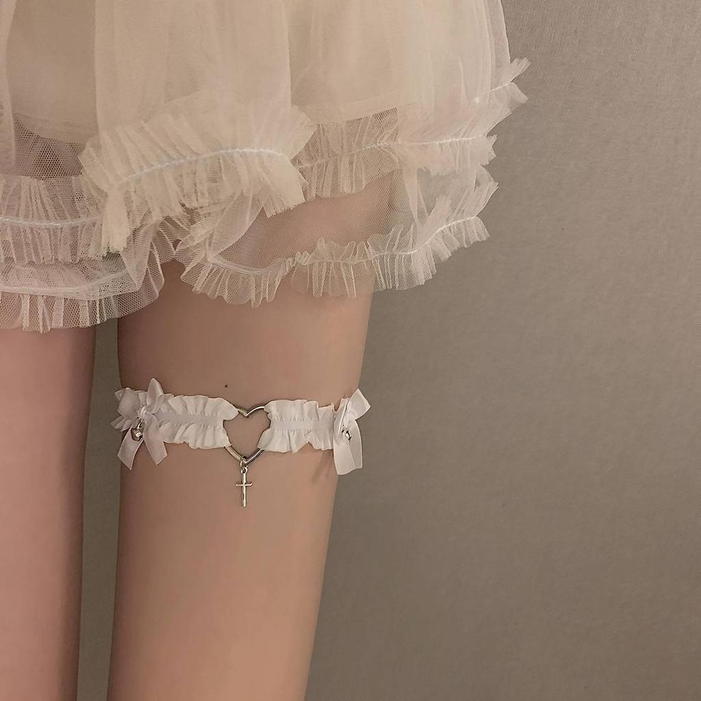Bow Love Bell Leg Ring Female Punk Lace Thigh Jewelry Neck Strap Collar Collarbone Chain Accessory Leg Chain