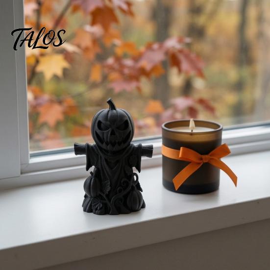 Handcrafted Carved Pumpkin 3D Printed Scarecrow Figurine, Matte Black Halloween Tabletop Atmospheric Party Ornament Decor for Shelf Window Office,