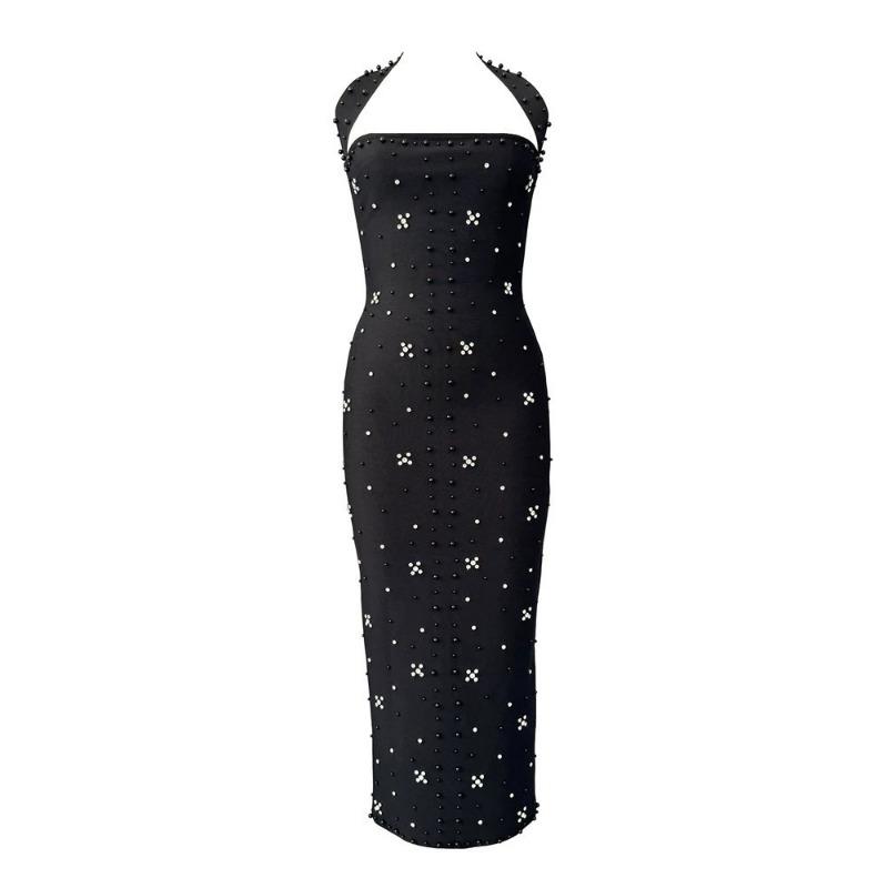 

New sexy bandage dress neck hot diamond beads senior sense socialite dinner dress women s clothing S чёрный