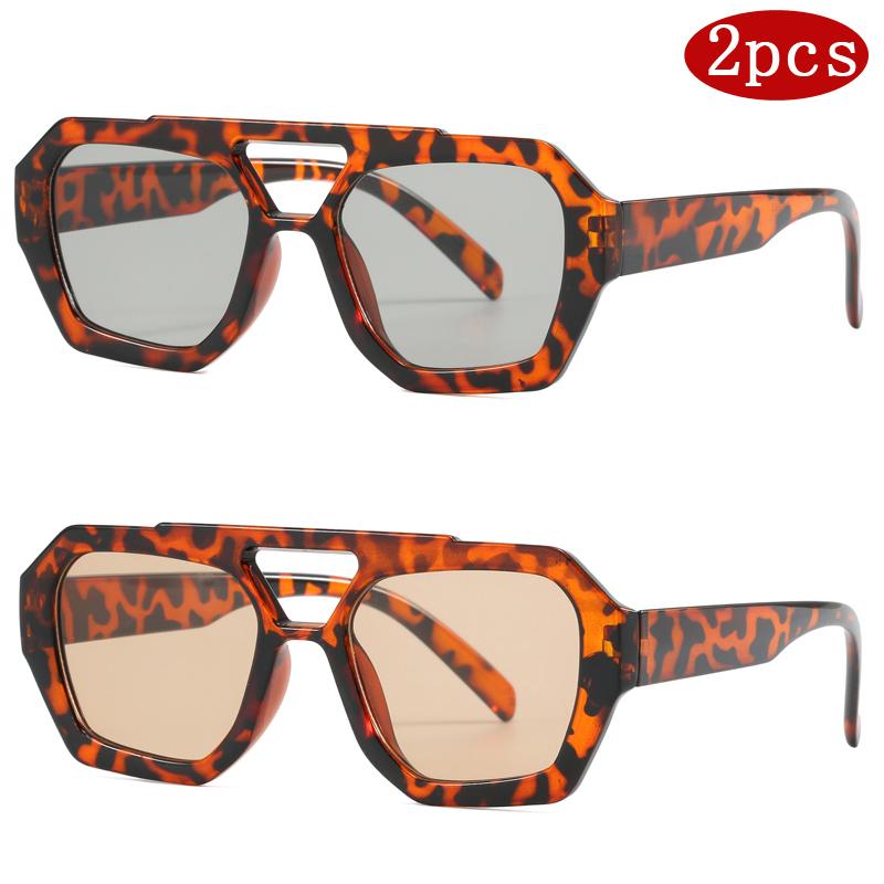 2pcs Fashion Square Sunglasses for Women Men Thick Frame Double Bridges Design Eyewear Female Chic Polygon Sun Glasses UV400