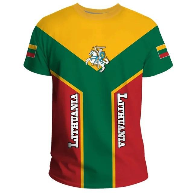 Lithuanian Flag and Emblem 3D Printed T-shirt Summer Round Neck Short Sleeve Sports Street Men's T-shirts