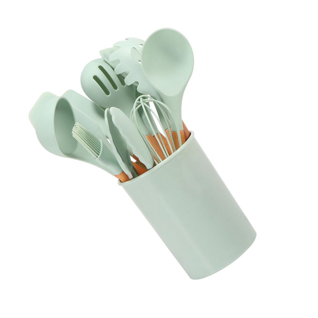 11 Pcs Silicone Kitchenware Set Heat Proof Wooden Handle Kitchen Utensils Set with Storage Bucket