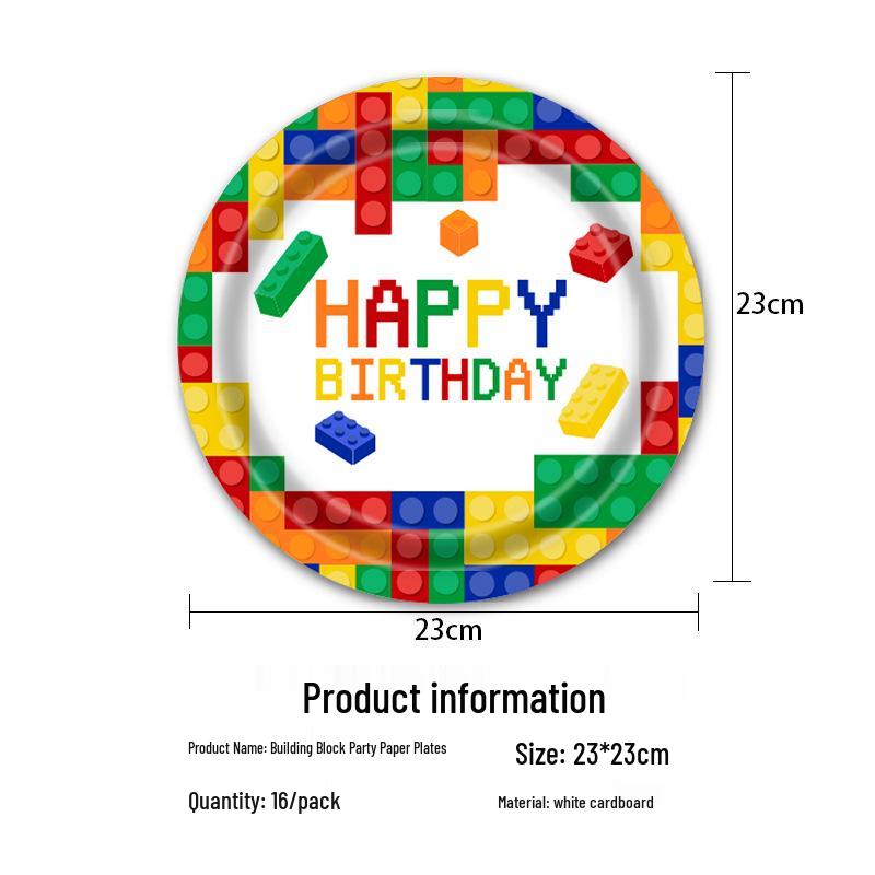 Colorful Lego-Themed Party Plates, Cups, and Napkins Set for Kids