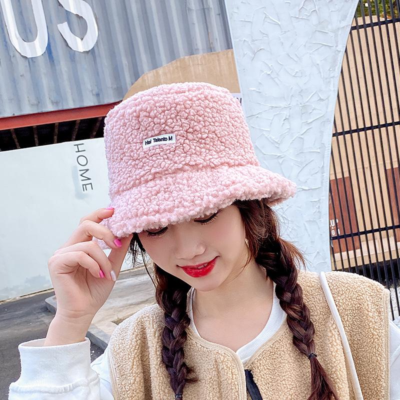 Autumn Winter Fisherman's Hat Embroidered Letter Small Label Pot Hat Fashionable Warm Flat Top Plush Bucket Hat