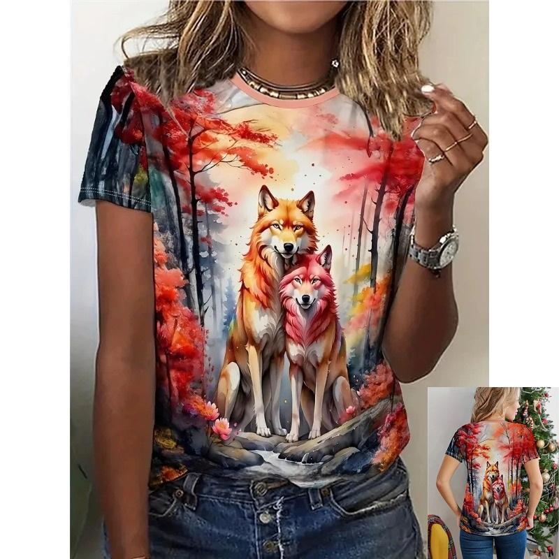 Letní dámské tričko s kulatým výstřihem a 3D potiskem zvířat, módní, ležérní, s krátkým rukávem