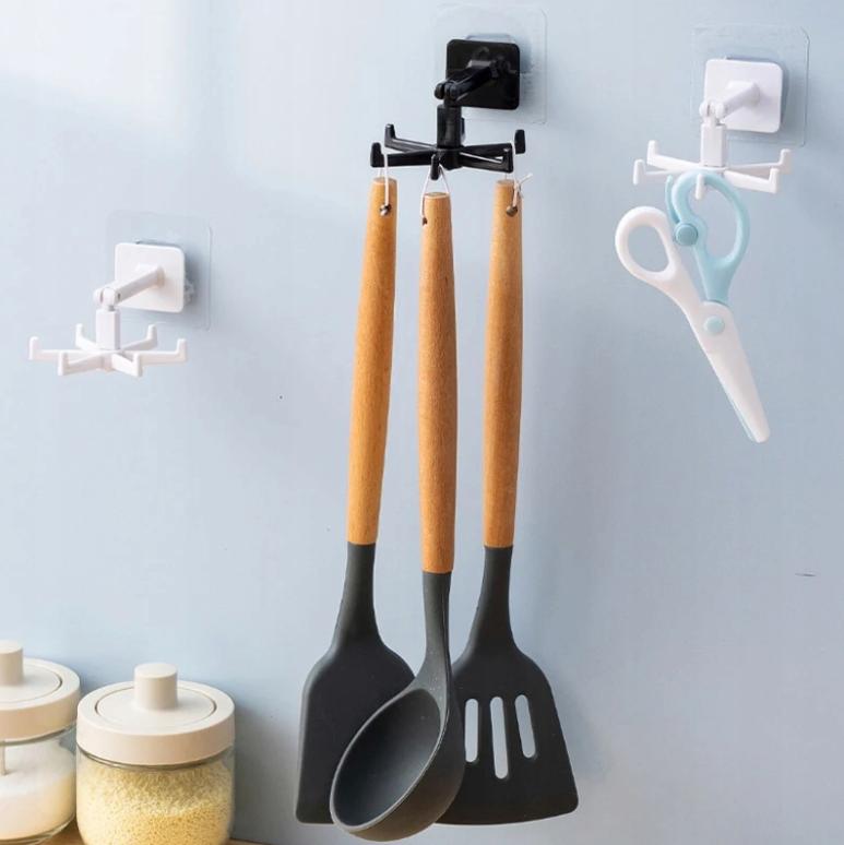 Self-adhesive Hanger With Hooks, 360° Swivel Hook, Kitchen Organizer