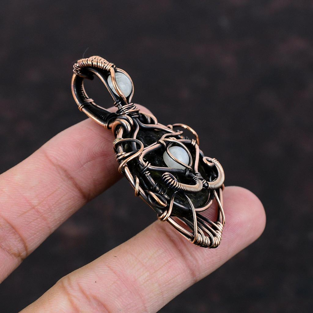 Evil Eye Moldavite Pendant Copper Wire Wrapped Pendant Rainbow Moonstone Pendant Gemstone Pendant Wedding Gift Handmade Copper Wire Jewelry