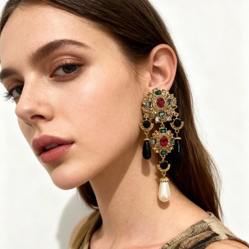 Elegant Baroque-Style Statement Earrings With Full Rhinestone Pearl Accents VintageInspired Alloy Drop Women