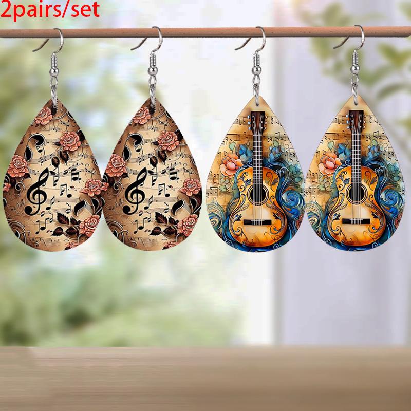 Fashion Water Drop PU Leather Earrings Vintage Musical Notation Pattern Drop Earrings Colorful Music Score Guitar Flower Pattern Teardrop Earrings