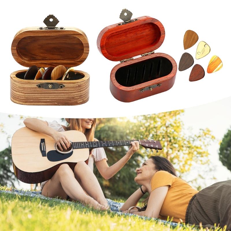 Wood Guitar Pick Storage Box Container Portable Guitar Pick Box Holder Collector with 5 Guitar Pick Gift for Guitarist