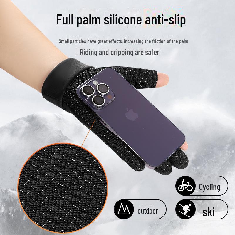 Men's Winter Touchscreen Cycling Gloves - Non-Slip, Velvet-Lined, Two-Finger Design for Driving, Motorcycle Riding, and Fishing.
