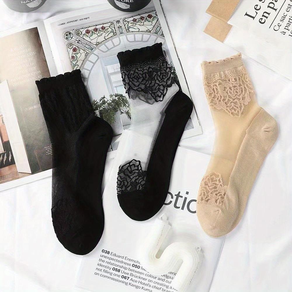 3pair Women's Thin Transparent Lace Socks, Comfortable, Breathable and Non-slip Boat Socks