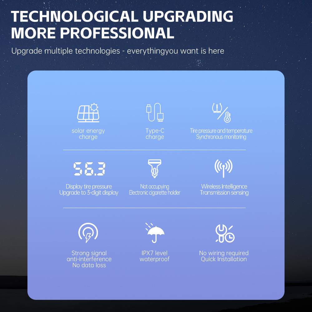 USB / Solar TPMS Digitalanzeige Reifentemperaturüberwachung 0-6,8Bar 4 Externe Sensoren Auto Reifendruckkontrollsystem Universal