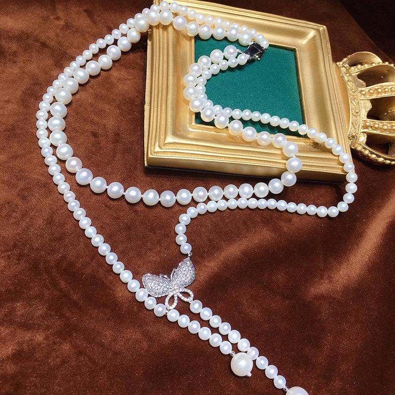 Korean Style Double Layer Pearl Necklace for Women: Elegant and Versatile with 5-9mm Freshwater Pearls.