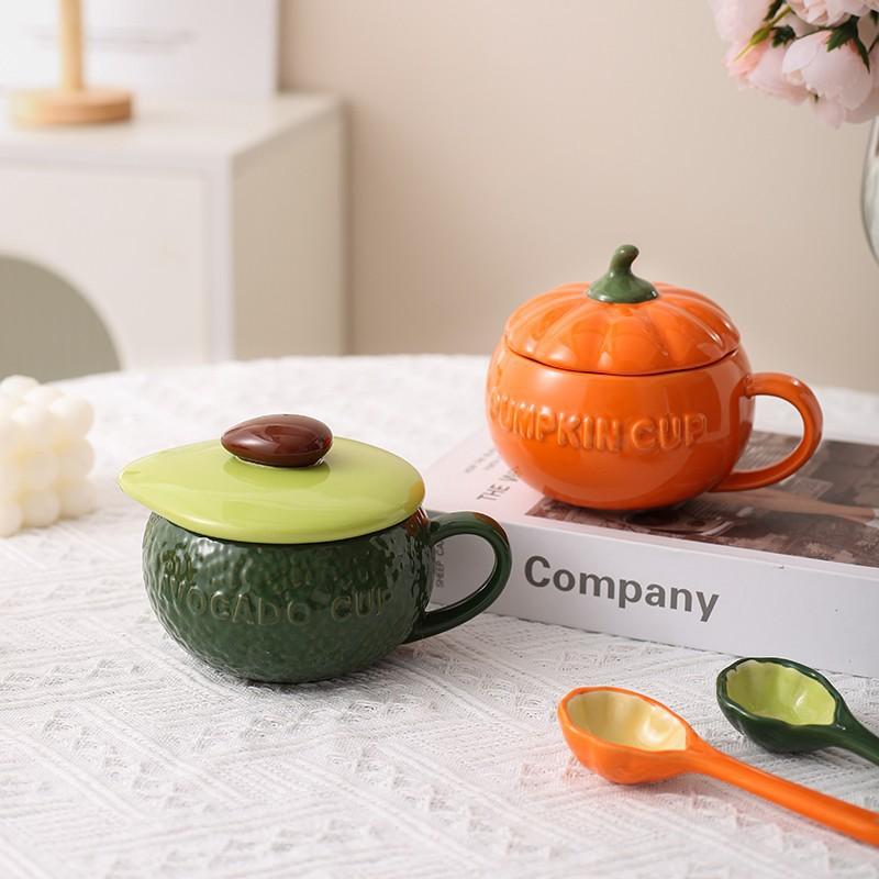 Cartoon Avocado Cup with Lid, Pumpkin Cup, Cute Creative Ceramic Instant Noodle Cup, Oat Cup, Student Water Cup, Mug