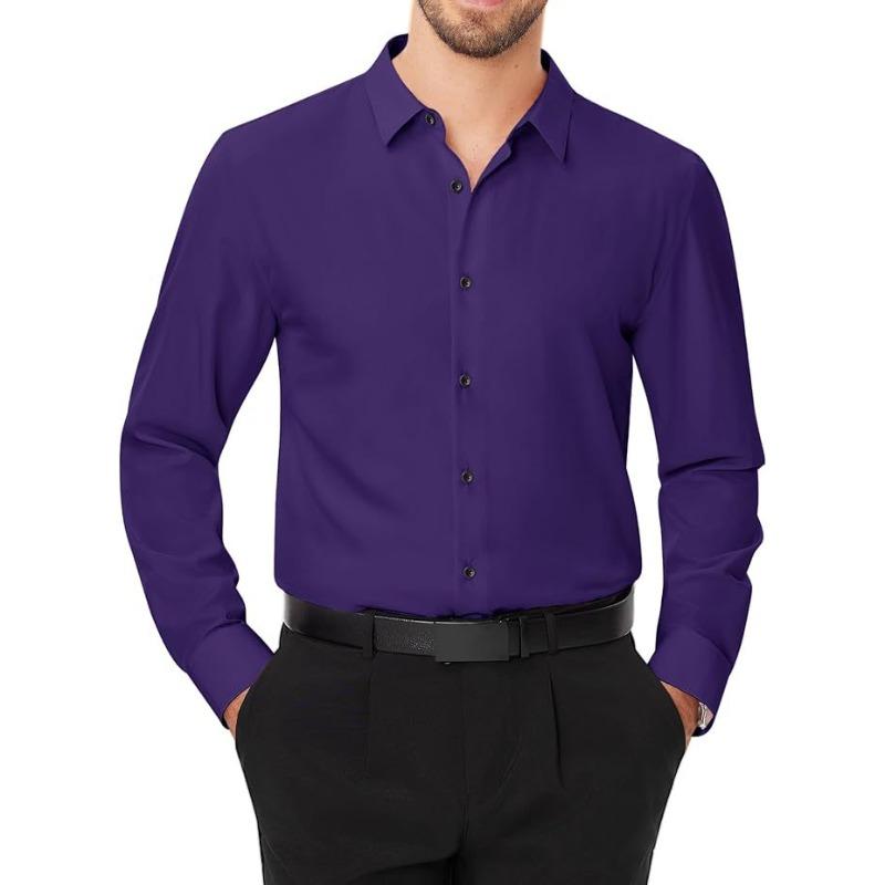 Men Solid Long Sleeve Dress Shirt with Black Buttons, 4-Way Stretch Wrinkle Free Business Formal Shirt, Cross-border Hot Selling Shirt