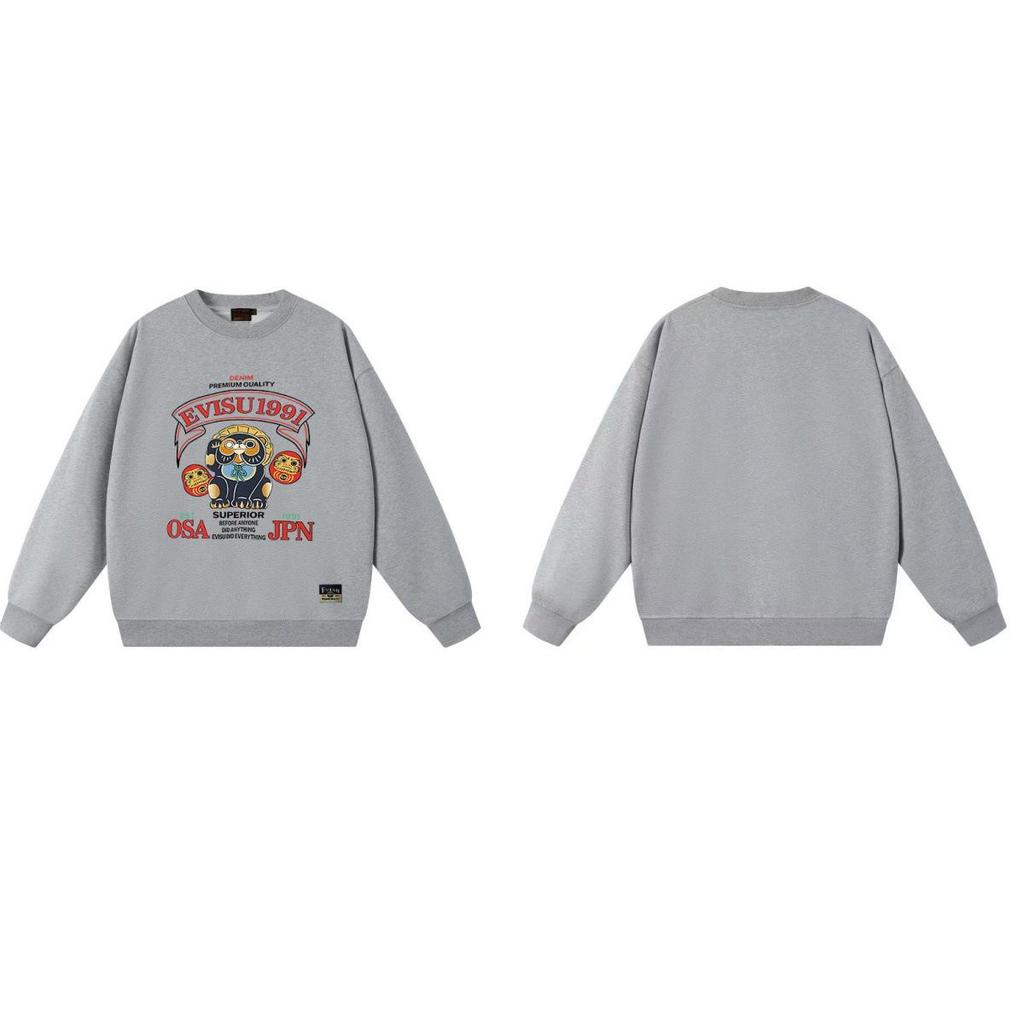Fukujin EVISU2025 Unisex Round Neck Hoodie - Trendy Cotton Streetwear Pullover with Print