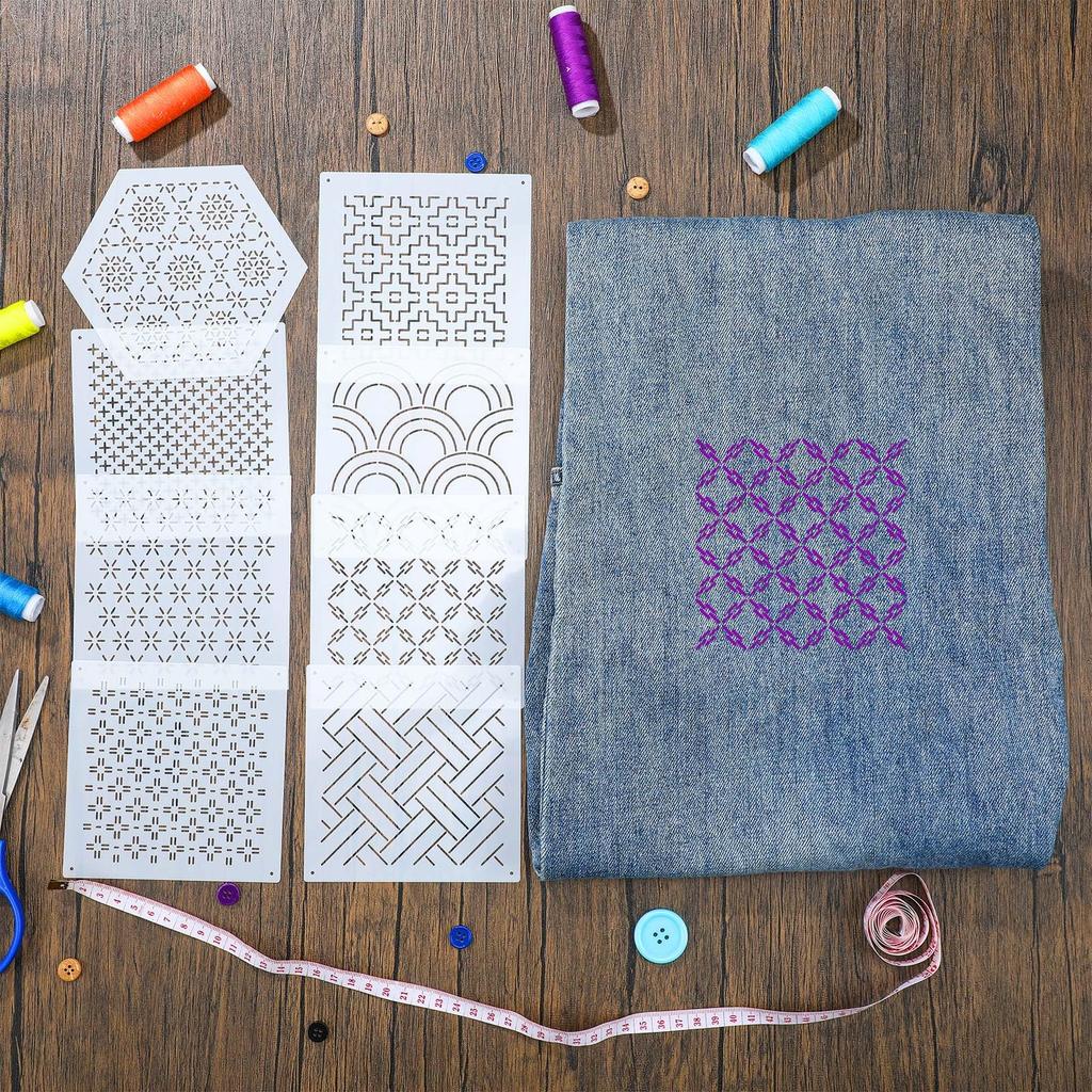 Yousoontic Sashiko Stencil Set (8 Pcs, 4.7 × 4.7 In, 2.5 Mm Thick, Reusable Plastic)