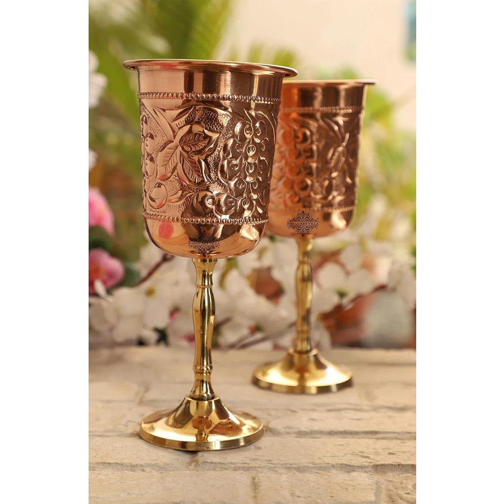 Pure Copper Wine Glass with Grape Vines Embossed Design & Brass Bottom, Serving Drinking Wine Cocktail Bar Hotel Restaurant, Volume-300 ML Pack of - 2