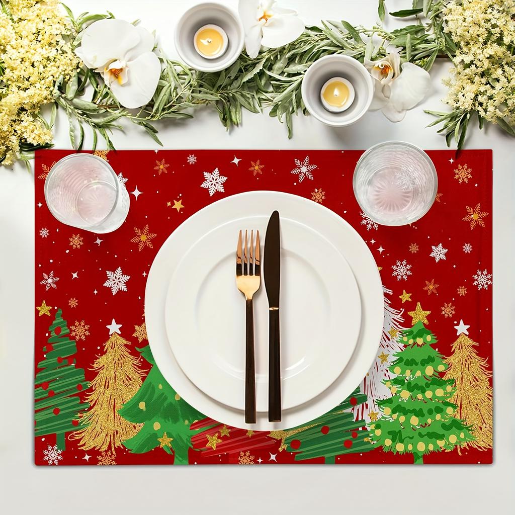 4pcs/6pcs, Christmas Tree Placemats, Snowflake And Christmas Tree Pattern Red Background Linen Table Mats, Suitable for Winter Dining Tables, Kitchens