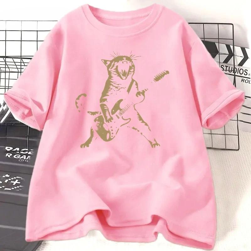 Rock Cat Playing Guitar T Shirt Women Funny Guitar Cat T-Shirt Casual Short Sleeve O Neck T-shirts Streetwear