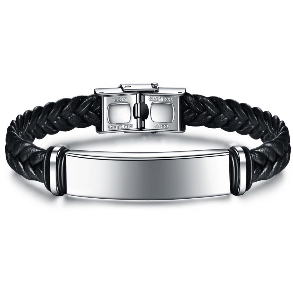 Men s Retro Titanium Steel  Leather Woven Bracelet with Engravable Stainless Steel Plate