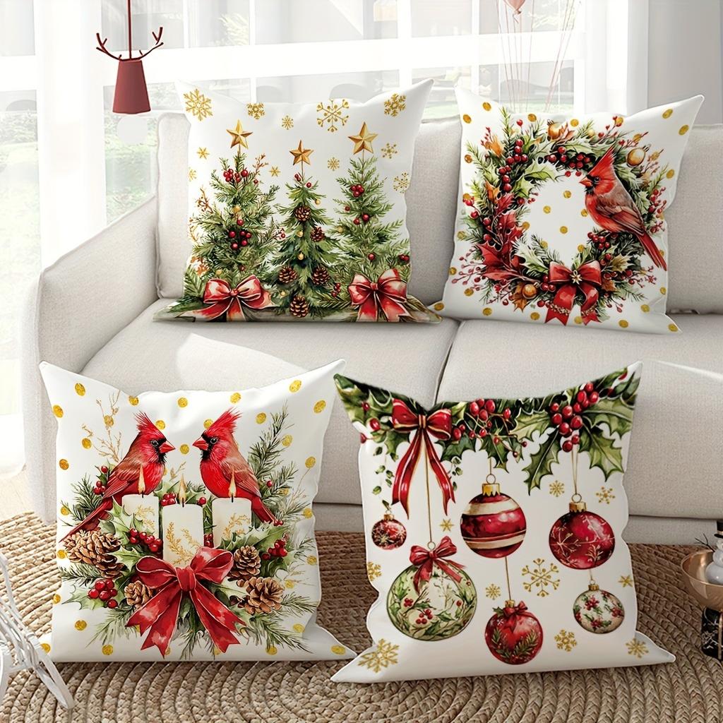 Față de pernă de decor de Crăciun, ghirlandă, lumânare, model pasăre, potrivită pentru casă, cameră, sufragerie, husă pernă canapea, cadou pentru prieten