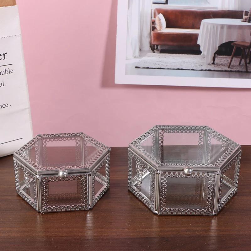 Glass Hexagon Storage Box Perfect for Jewelry, Rings, Earrings, Beads or Coins, Keepsake Organizer and Display Case Container