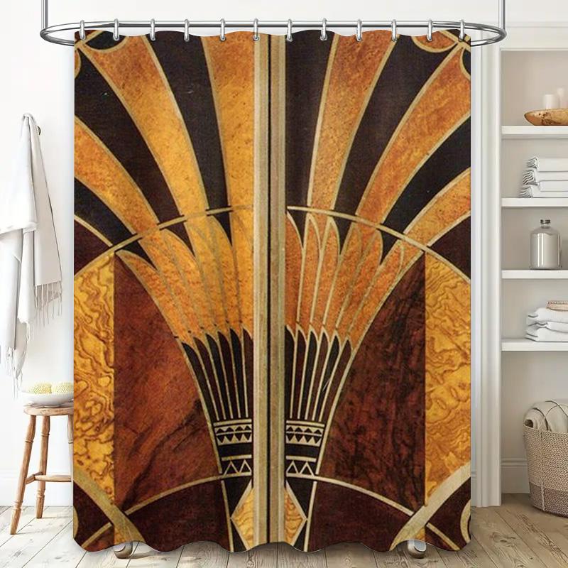 Vintage Art Deco Shower Curtain Elegant Gold Brown Floral Design Fabric Bath Mat Decoration Waterproof Window Decorations for Ba